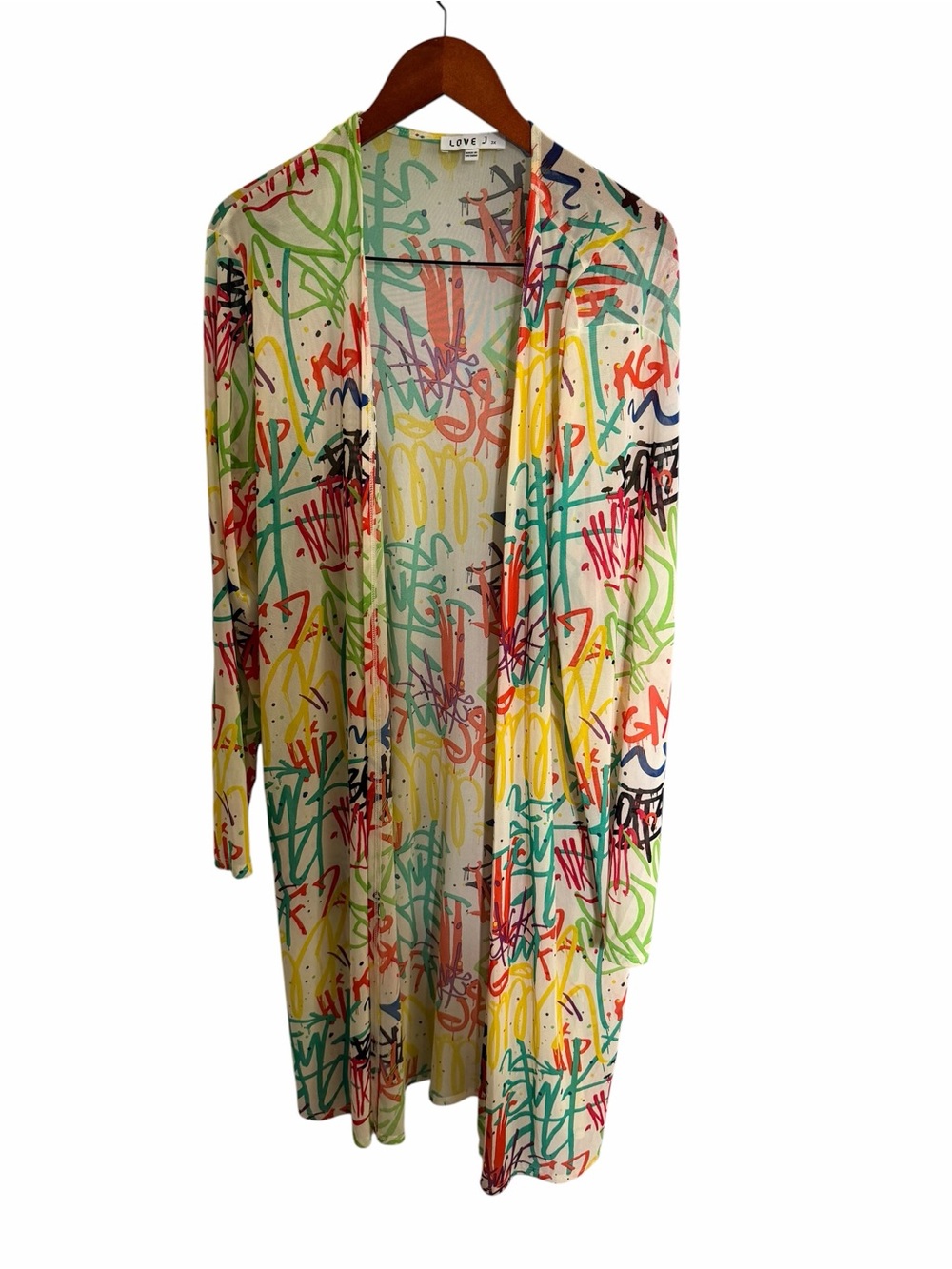 love J Multi-Color Graphic Print Sheer Topper Kimono Stretch Cardigan 3X